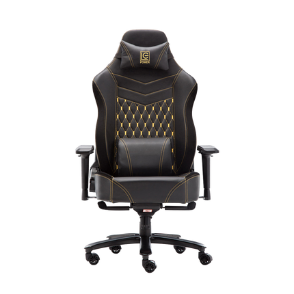 Voorzijde van zwarte Game Hero King N1 gamestoel van hoogwaardig PU-leer met 4D verstelbare armleuningen, ergonomische vorm, uitklapbare voetensteun, suede accenten en stille wielen.