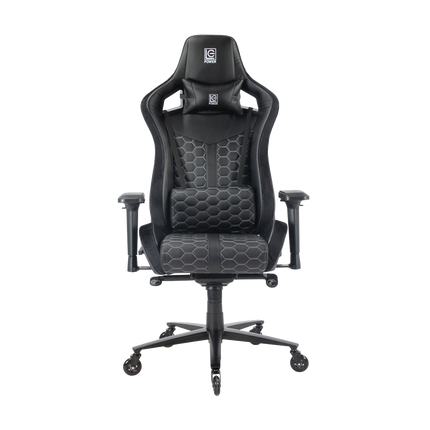 Voorzijde van zwarte Game Hero Kingship gamestoel van hoogwaardig PU-leer met 4D verstelbare armleuningen, ergonomische vorm, uitklapbare voetensteun, suede accenten en rubbere wielen.