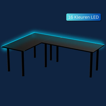 Verlichting van L vormig zwart Gaming bureau van Game Hero met LED lichten, USB-poorten. Gemaakt van hoogwaardig MDF hout en aluminum tafelpoten.