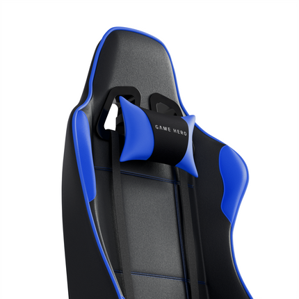 Neksteun van blauwe Game Hero Winner X1 gamestoel van hoogwaardig PU-leer met 1D verstelbare armleuningen, ergonomische vorm en uitklapbare voetensteun.