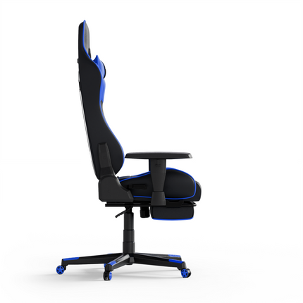 Zijkant van blauwe Game Hero Winner X1 gamestoel van hoogwaardig PU-leer met 1D verstelbare armleuningen, ergonomische vorm en uitklapbare voetensteun.