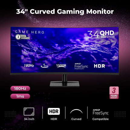 Game Hero 34 inch  QHD - Curved Monitor 180Hz