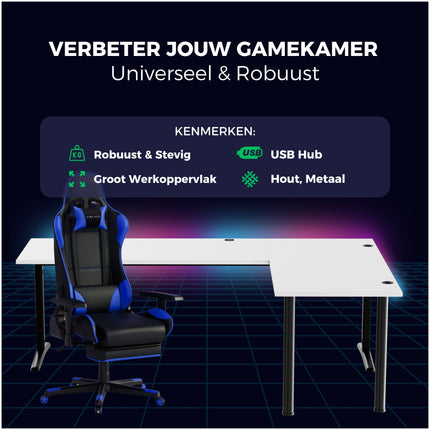 Saint V2 Pro Hoekbureau Gaming Rechts- Gaming Bureau Met LED Verlichting - USB Hub - 197 x 132 cm - Wit