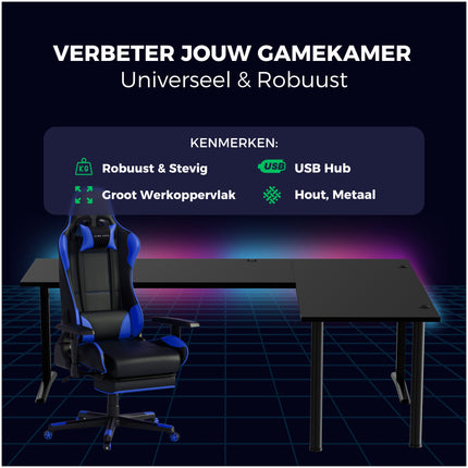 Saint V2 Pro Hoekbureau Gaming Rechts - Gaming Bureau Met LED Verlichting - USB Hub - 197 x 132 cm - Zwart