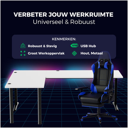 Saint V2 Pro Hoekbureau Gaming Links - Gaming Bureau Met LED Verlichting - USB Hub - 197 x 132 cm - Wit